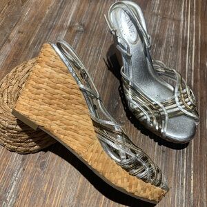 Metallic strappy wedge. Unique wicker wedge.